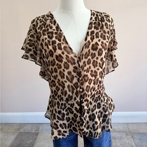 Mango Leopard Print Flutter Sleeve Blouse – Size M